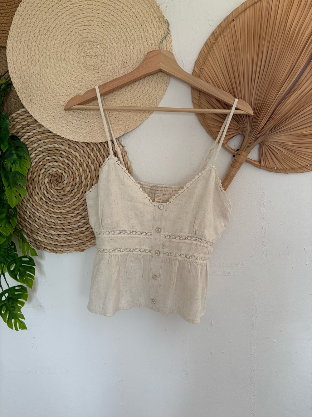 Lace-Trim Cream Button-Front Camisole